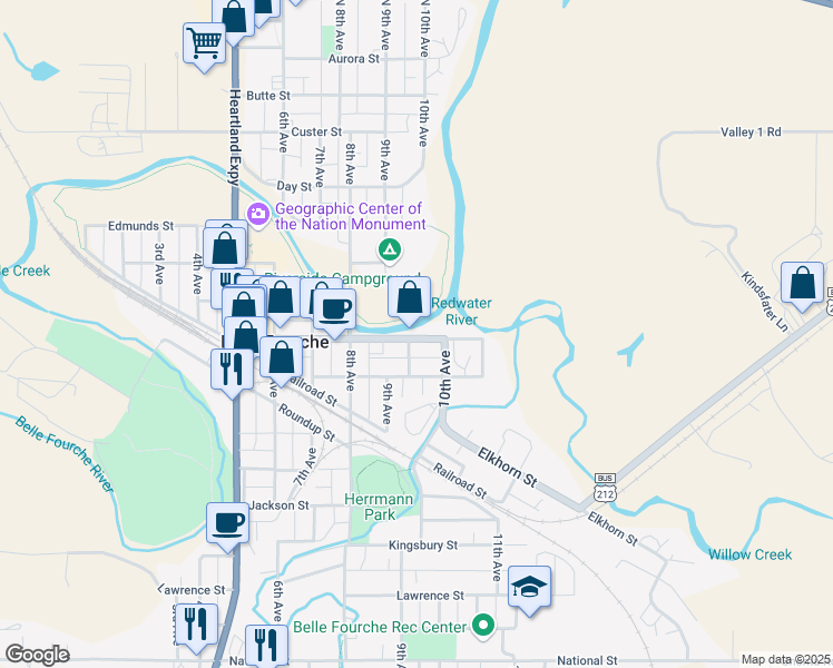 map of restaurants, bars, coffee shops, grocery stores, and more near 919 State Street in Belle Fourche