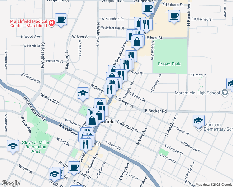 map of restaurants, bars, coffee shops, grocery stores, and more near 505 North Central Avenue in Marshfield