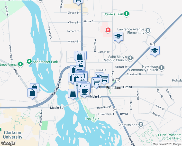 map of restaurants, bars, coffee shops, grocery stores, and more near 7 Beal Street in Potsdam