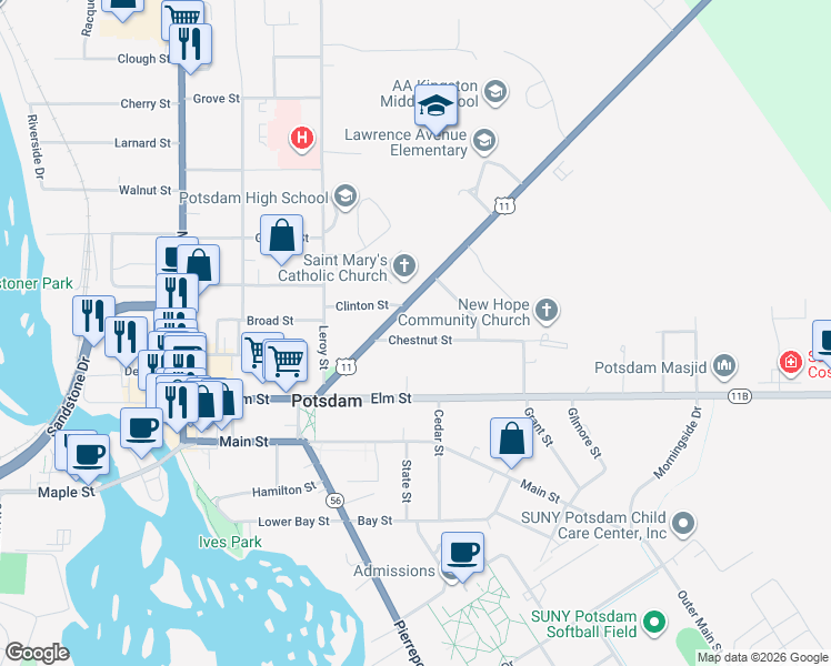 map of restaurants, bars, coffee shops, grocery stores, and more near 8 Chestnut Street in Potsdam