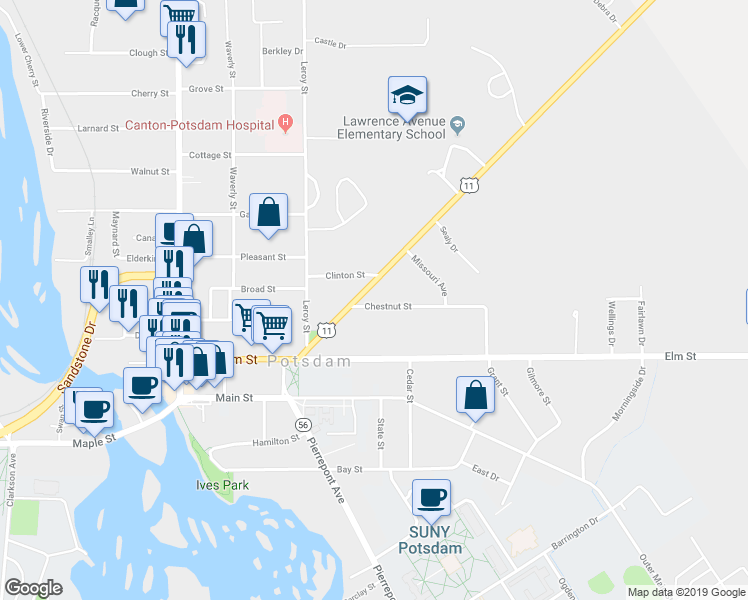 map of restaurants, bars, coffee shops, grocery stores, and more near 4 Chestnut St in Potsdam