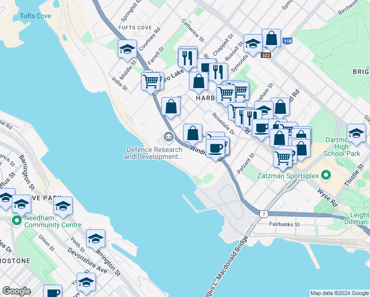 map of restaurants, bars, coffee shops, grocery stores, and more near 217 Windmill Road in Dartmouth