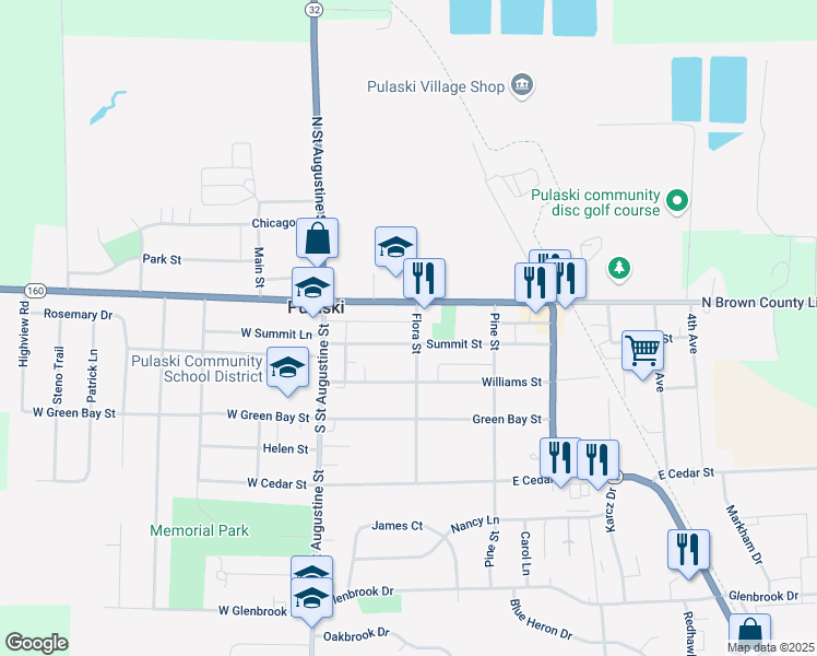 map of restaurants, bars, coffee shops, grocery stores, and more near 135 Flora Street in Pulaski
