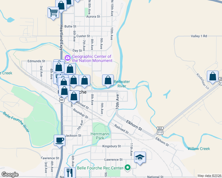 map of restaurants, bars, coffee shops, grocery stores, and more near 907 State Street in Belle Fourche