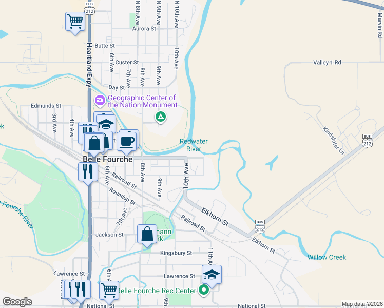 map of restaurants, bars, coffee shops, grocery stores, and more near 1005 State Street in Belle Fourche