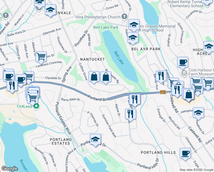 map of restaurants, bars, coffee shops, grocery stores, and more near 47 Regal Road in Dartmouth