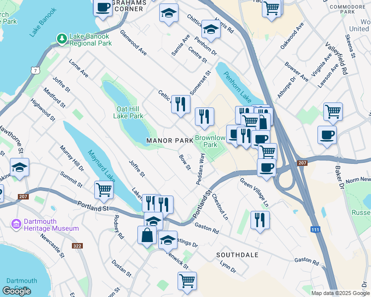 map of restaurants, bars, coffee shops, grocery stores, and more near 20 Bow Street in Dartmouth