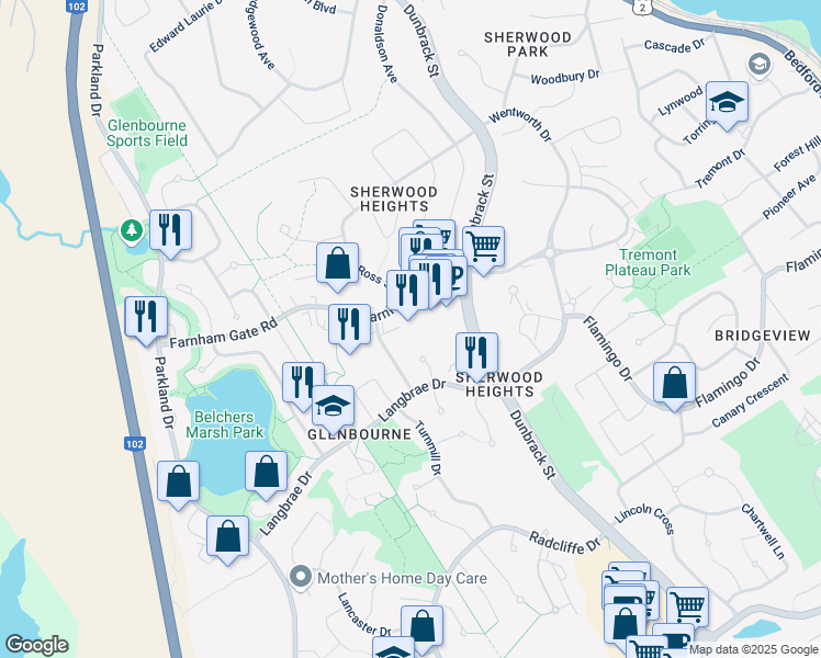 map of restaurants, bars, coffee shops, grocery stores, and more near 118 Farnham Gate Road in Halifax