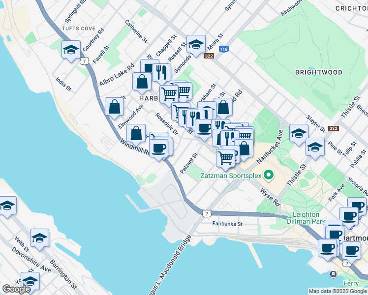 map of restaurants, bars, coffee shops, grocery stores, and more near 22 Brookside Avenue in Dartmouth