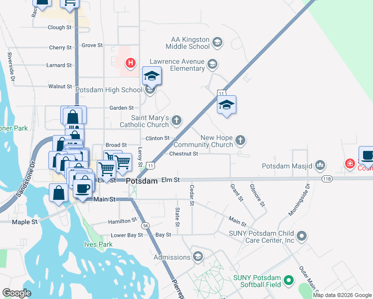 map of restaurants, bars, coffee shops, grocery stores, and more near 8-10 Chestnut Street in Potsdam