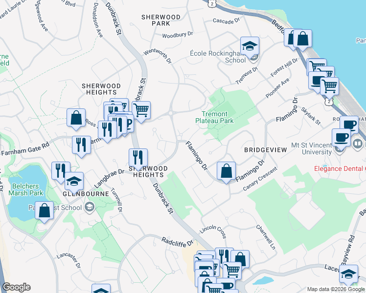 map of restaurants, bars, coffee shops, grocery stores, and more near 125 Knightsridge Drive in Halifax