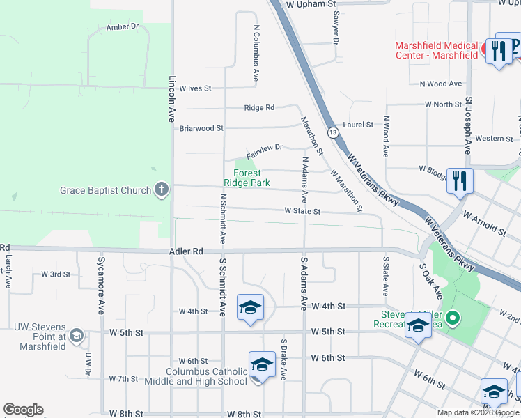 map of restaurants, bars, coffee shops, grocery stores, and more near 1154 West State Street in Marshfield