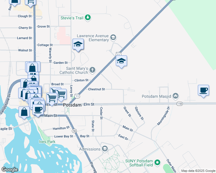 map of restaurants, bars, coffee shops, grocery stores, and more near 20 Chestnut St in Potsdam