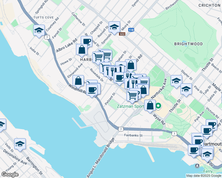 map of restaurants, bars, coffee shops, grocery stores, and more near 27 Brookside Avenue in Dartmouth