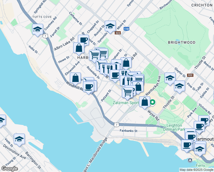 map of restaurants, bars, coffee shops, grocery stores, and more near 27 Brookside Avenue in Dartmouth