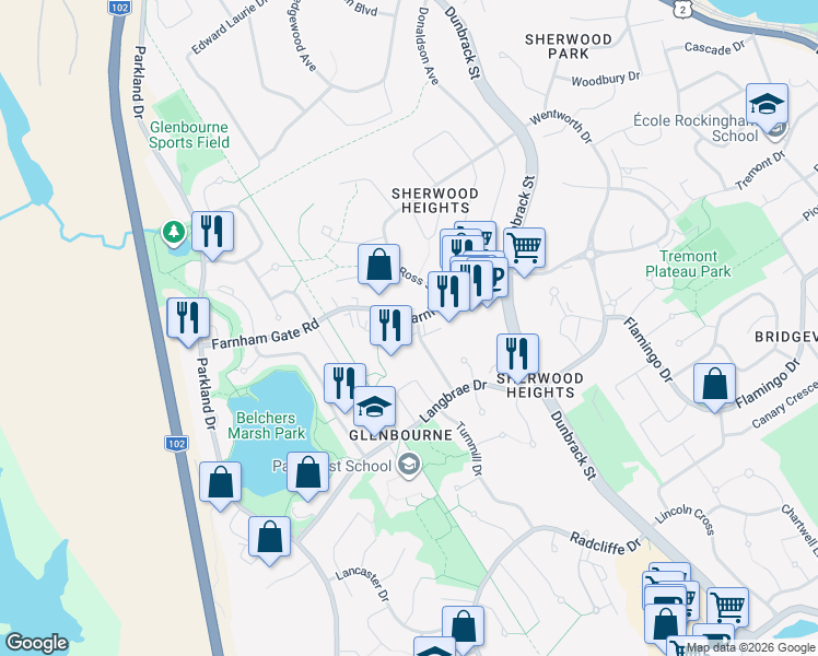 map of restaurants, bars, coffee shops, grocery stores, and more near 158 Farnham Gate Road in Halifax