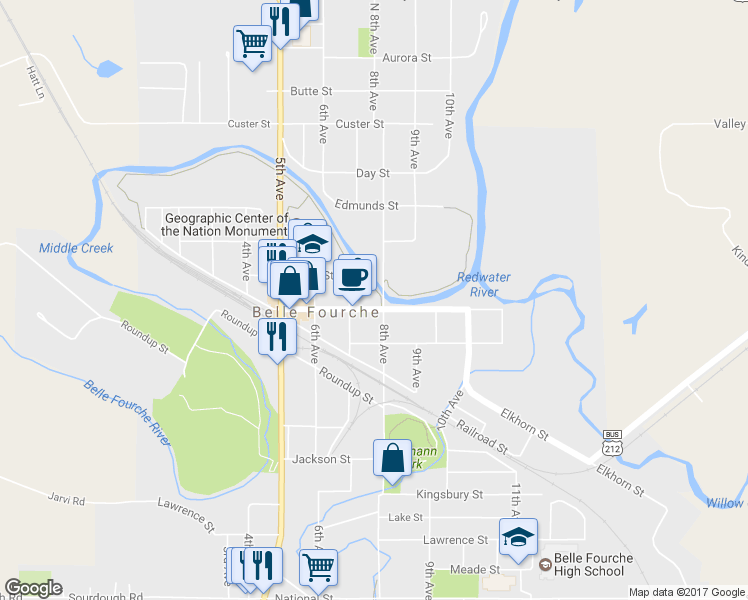 map of restaurants, bars, coffee shops, grocery stores, and more near 715 State Street in Belle Fourche