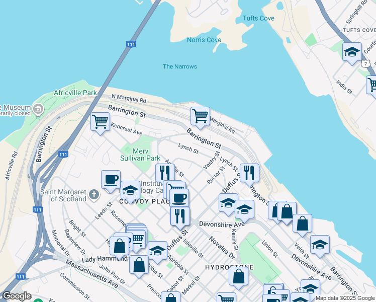 map of restaurants, bars, coffee shops, grocery stores, and more near 3668 Lynch Street in Halifax