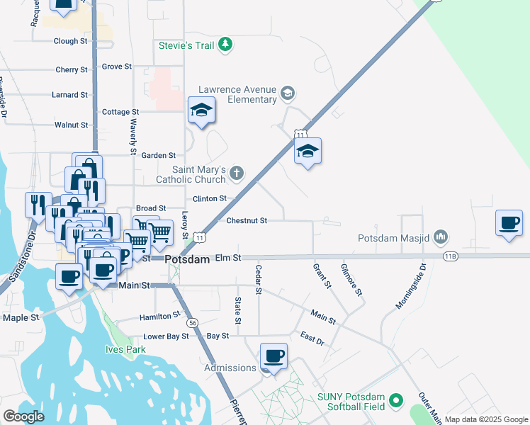 map of restaurants, bars, coffee shops, grocery stores, and more near 20 Chestnut St in Potsdam