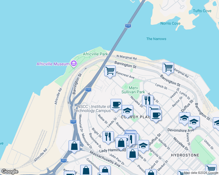 map of restaurants, bars, coffee shops, grocery stores, and more near 5540 Stoneham Court in Halifax