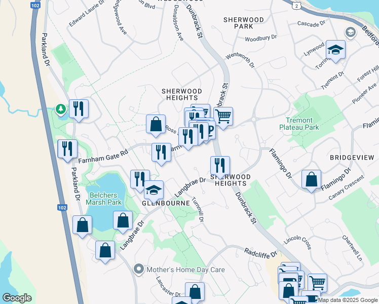 map of restaurants, bars, coffee shops, grocery stores, and more near 118 Farnham Gate Road in Halifax
