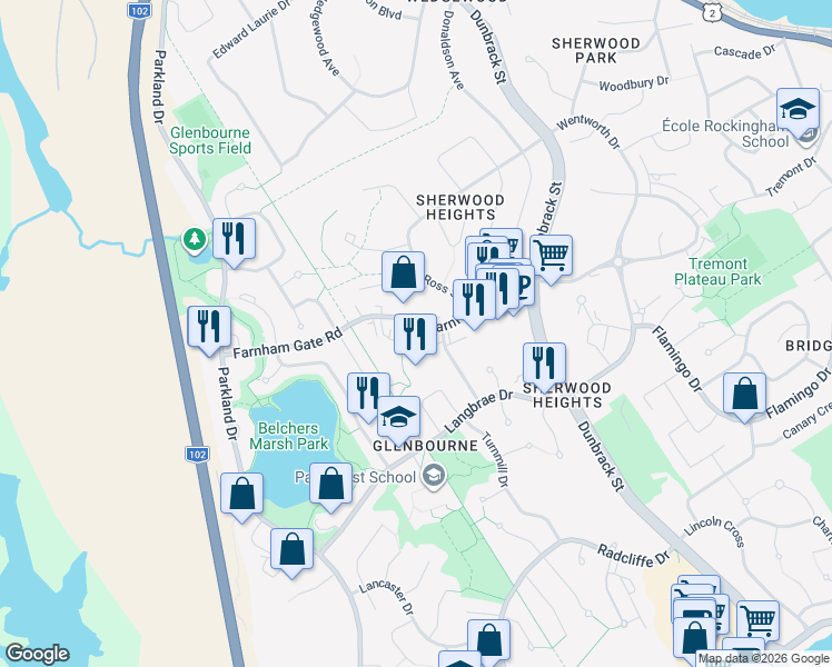 map of restaurants, bars, coffee shops, grocery stores, and more near 182 Farnham Gate Road in Halifax