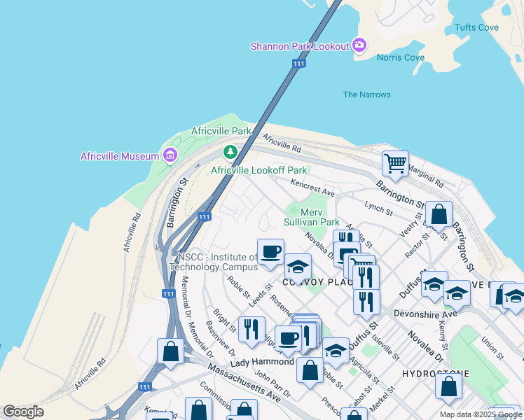 map of restaurants, bars, coffee shops, grocery stores, and more near 5525 Carriageway Crescent in Halifax