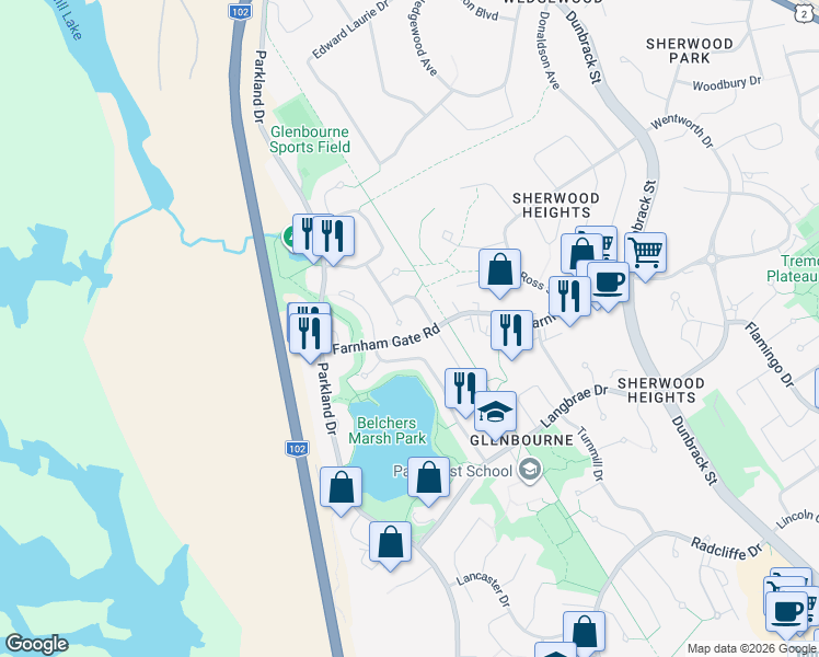 map of restaurants, bars, coffee shops, grocery stores, and more near 76 Blue Thistle Road in Halifax