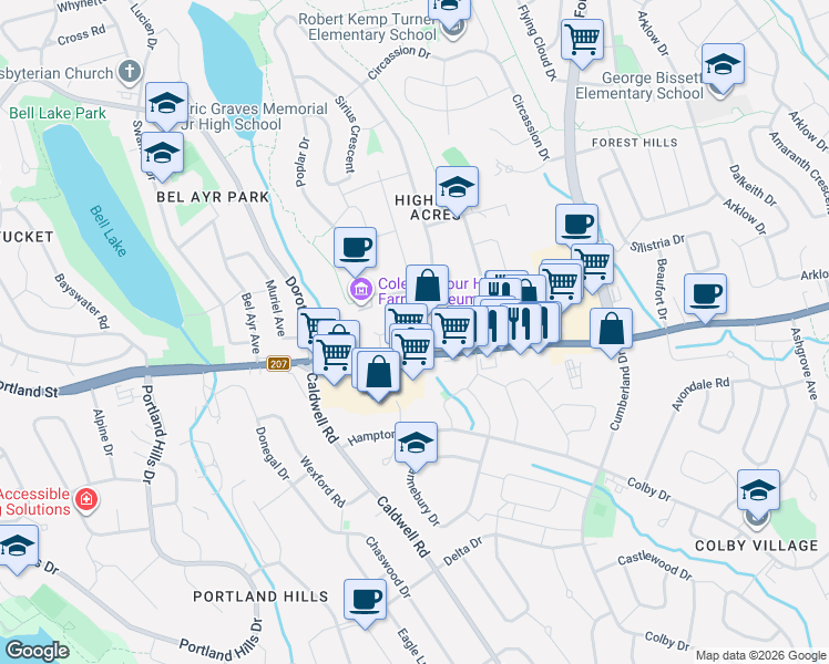 map of restaurants, bars, coffee shops, grocery stores, and more near 25 Linden Court in Dartmouth