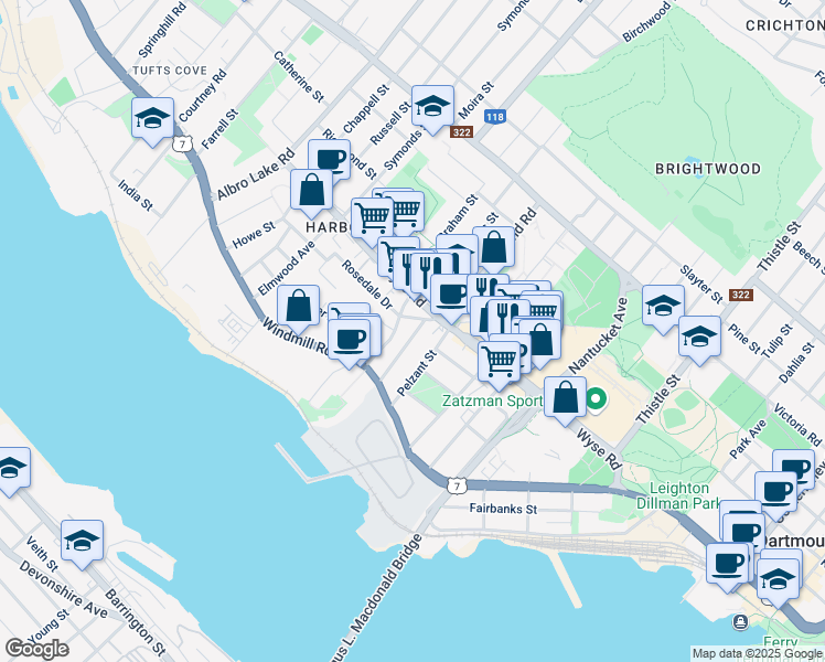 map of restaurants, bars, coffee shops, grocery stores, and more near 27 Pelzant Street in Dartmouth