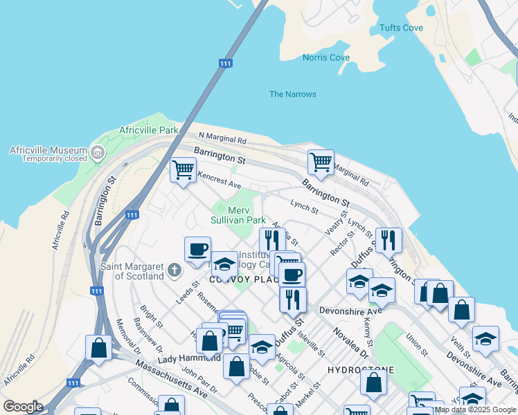 map of restaurants, bars, coffee shops, grocery stores, and more near 5387 Glebe Street in Halifax