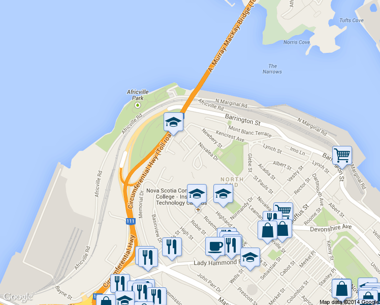 map of restaurants, bars, coffee shops, grocery stores, and more near 5540 Stoneham Court in Halifax