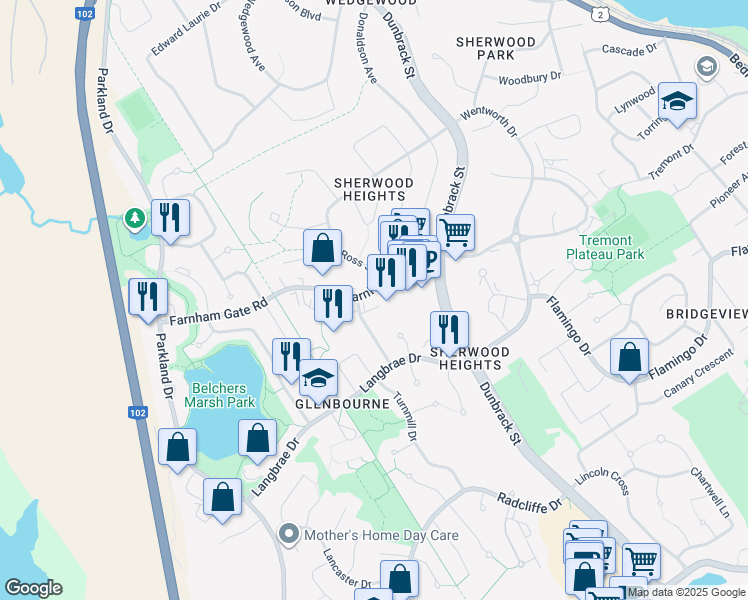 map of restaurants, bars, coffee shops, grocery stores, and more near 126 Farnham Gate Road in Halifax
