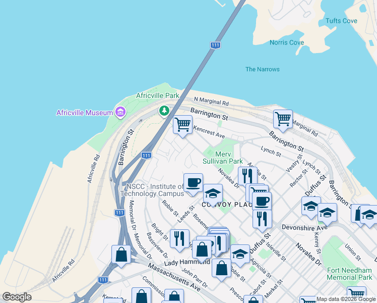 map of restaurants, bars, coffee shops, grocery stores, and more near 5628 Carriageway Crescent in Halifax