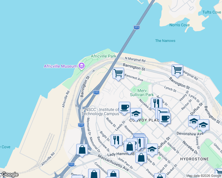 map of restaurants, bars, coffee shops, grocery stores, and more near 5572 North Ridge Road in Halifax