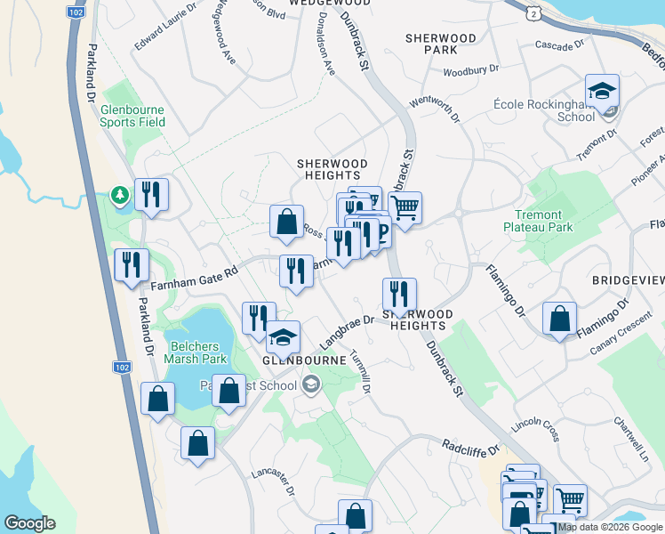 map of restaurants, bars, coffee shops, grocery stores, and more near 126 Farnham Gate Road in Halifax