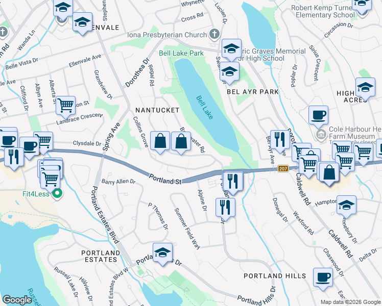 map of restaurants, bars, coffee shops, grocery stores, and more near 36 Regal Road in Dartmouth