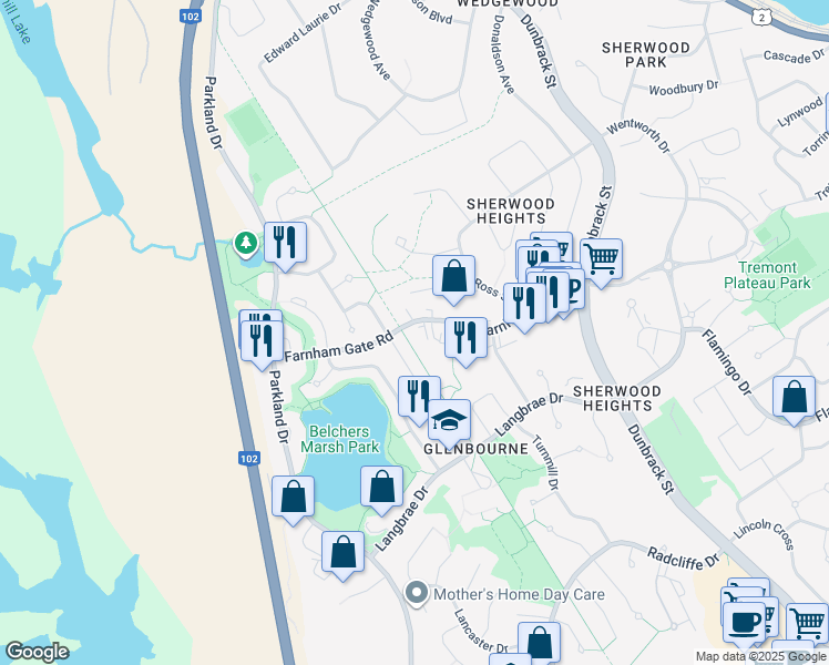 map of restaurants, bars, coffee shops, grocery stores, and more near 240 Farnham Gate Road in Halifax