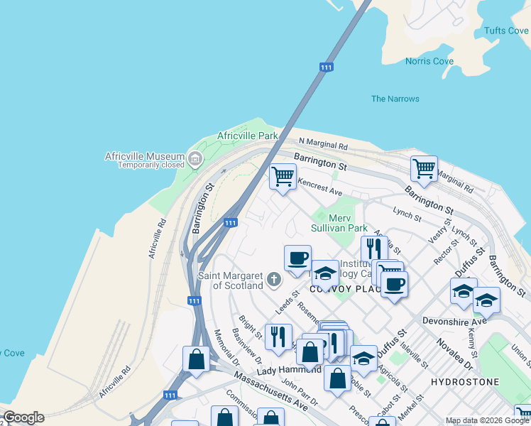 map of restaurants, bars, coffee shops, grocery stores, and more near 5572 North Ridge Road in Halifax