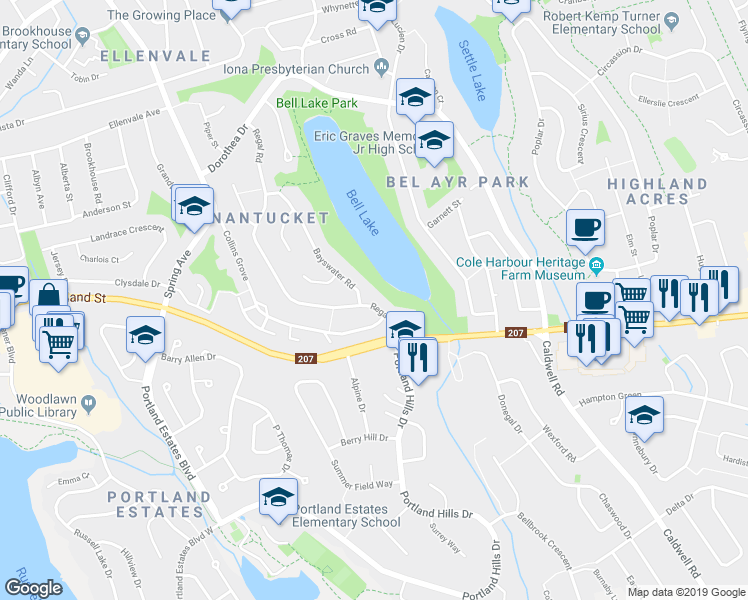 map of restaurants, bars, coffee shops, grocery stores, and more near 14 Regal Road in Dartmouth