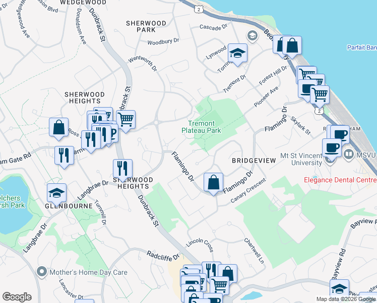 map of restaurants, bars, coffee shops, grocery stores, and more near 12 Amberwood Court in Halifax