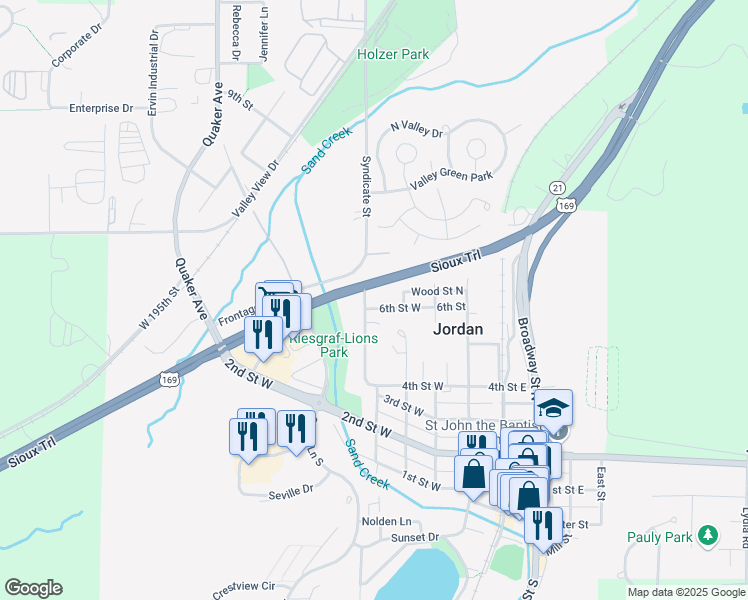 map of restaurants, bars, coffee shops, grocery stores, and more near 317 6th Street West in Jordan