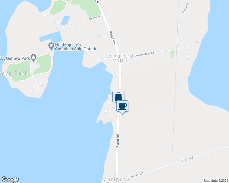 map of restaurants, bars, coffee shops, grocery stores, and more near 6472 Rama Road in Washago