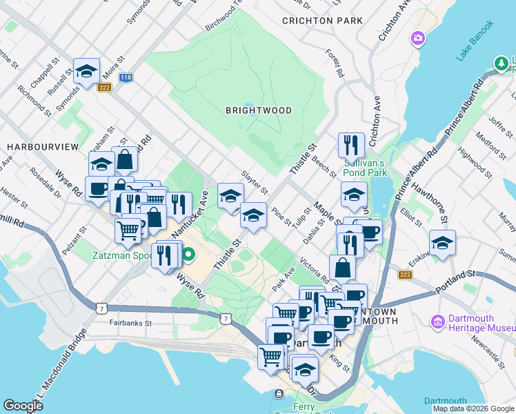 map of restaurants, bars, coffee shops, grocery stores, and more near 88 Nova Scotia 322 in Dartmouth