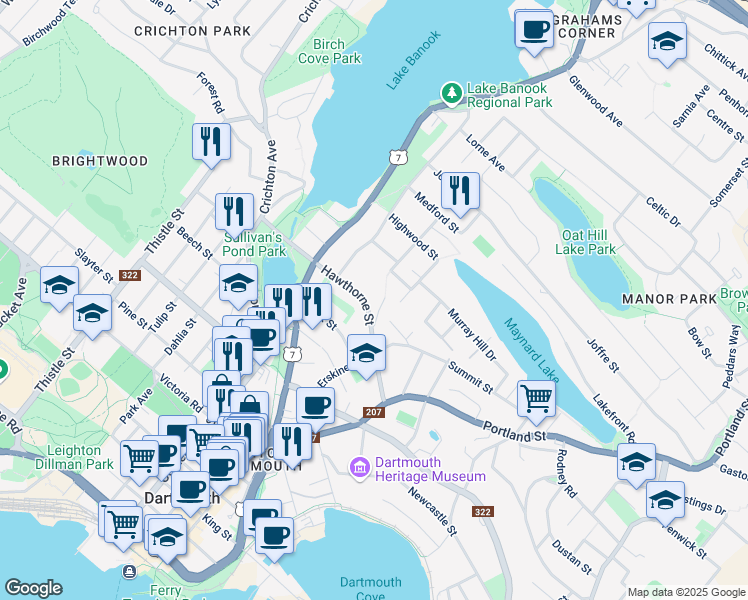 map of restaurants, bars, coffee shops, grocery stores, and more near 43 Hawthorne Street in Dartmouth