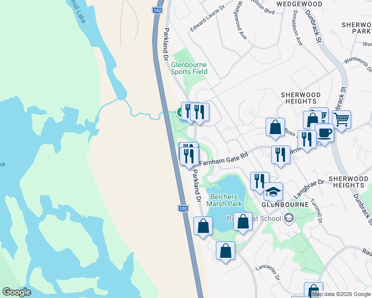 map of restaurants, bars, coffee shops, grocery stores, and more near 512 Parkland Drive in Halifax