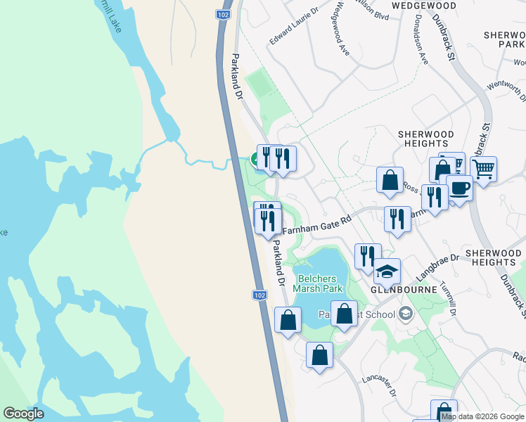 map of restaurants, bars, coffee shops, grocery stores, and more near 512 Parkland Drive in Halifax
