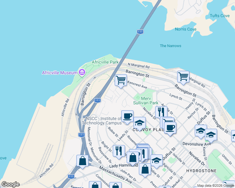 map of restaurants, bars, coffee shops, grocery stores, and more near 5551 Sentinel Square in Halifax