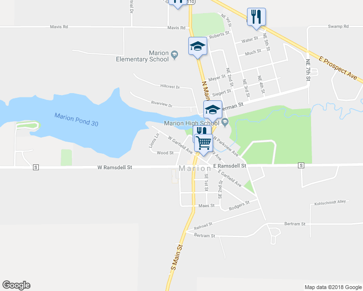 map of restaurants, bars, coffee shops, grocery stores, and more near 205 Milbauer Street in Marion