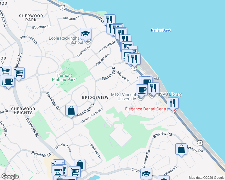 map of restaurants, bars, coffee shops, grocery stores, and more near 88 Armada Drive in Halifax